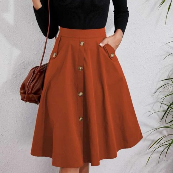 Dresses & Skirts - Classic Burnt Orange Button Detail Pocket Midi Skirt Work